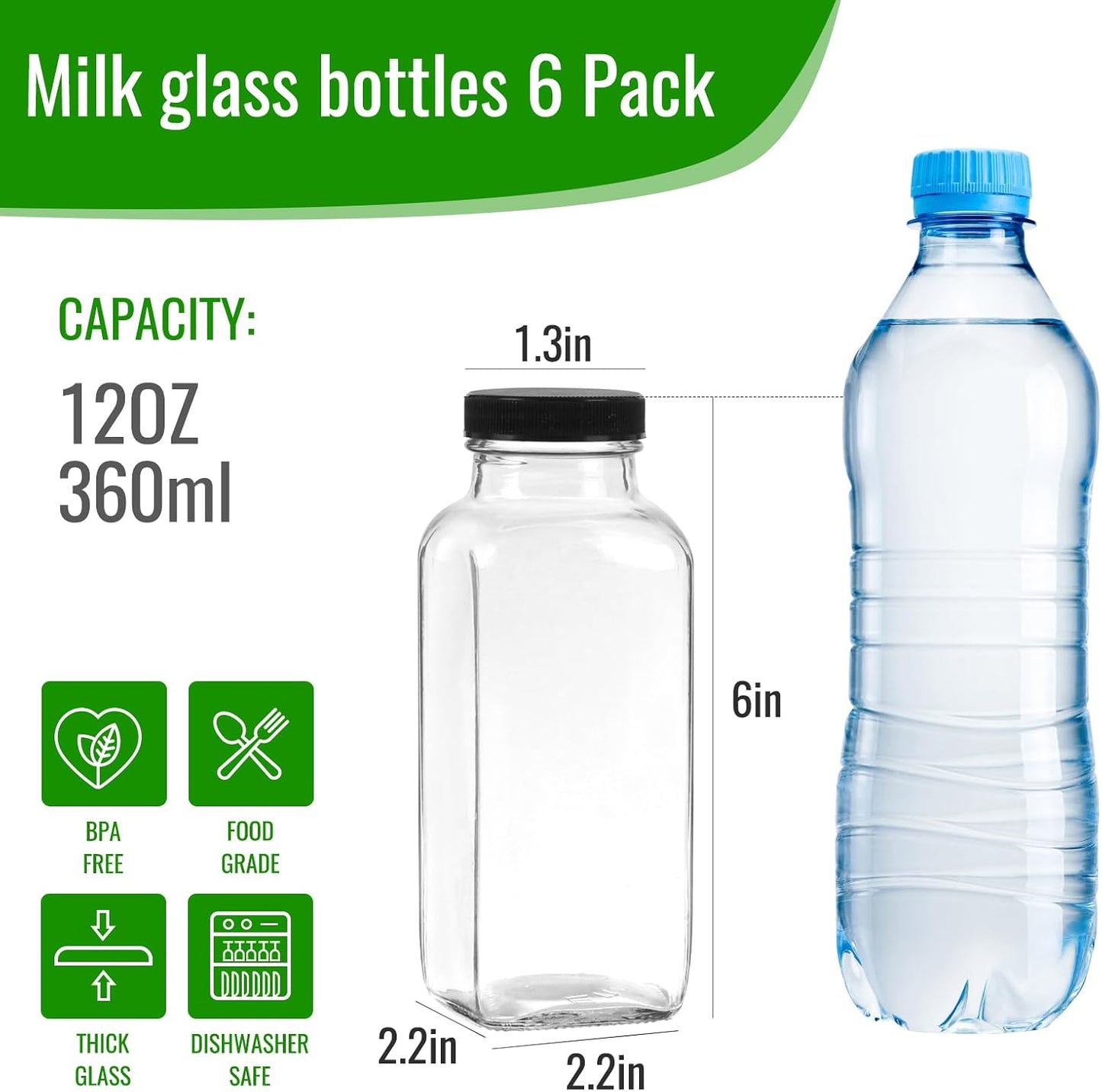 BIGIVACA 12 oz Glass Juice Bottles with Lids,6 PACK Bottles for Juicing,Square Drinking Jars Glass for Coffee,Cola,Milk,Tea in Travel,Work,School