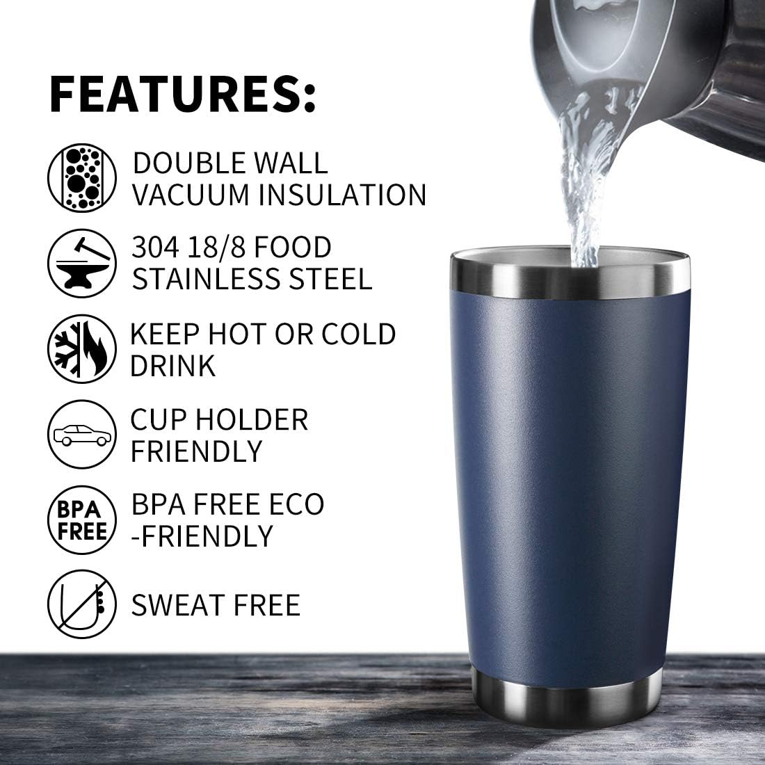 20oz Tumbler Bulk Stainless Steel Vacuum Insulated Tumblers with Lid Double Wall Travel Mug, Durable Powder Coated Coffee Cup, Suitable for Ice Drinks and Hot Beverage（Navy 6pack）