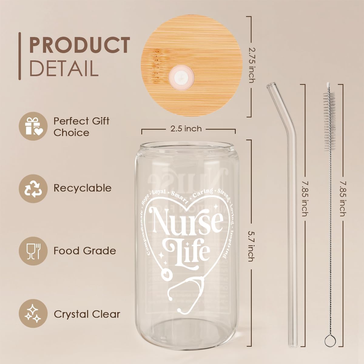 SANDJEST Nurse Life Glass Can Cup with Lid & Straw, Iced Coffee Aesthetic Cups, Idea Gift for Christmas Birthday Mother Day Nurse Week, Gifts for Women Friends, 16oz