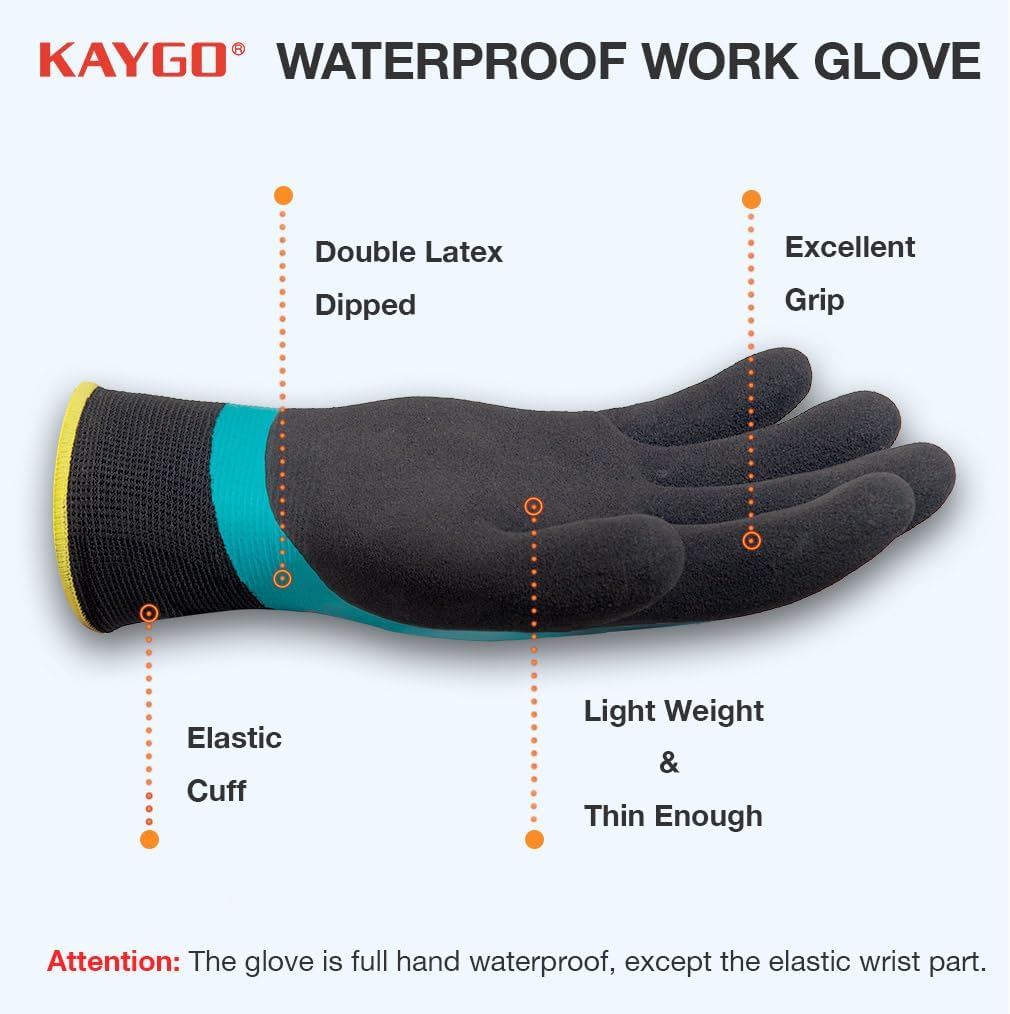 KAYGO Waterproof Work Gloves for Men and Women, Rubber Coated Non-slip Working Gloves for Garden, Outdoor Construction,KG150,Blue,L
