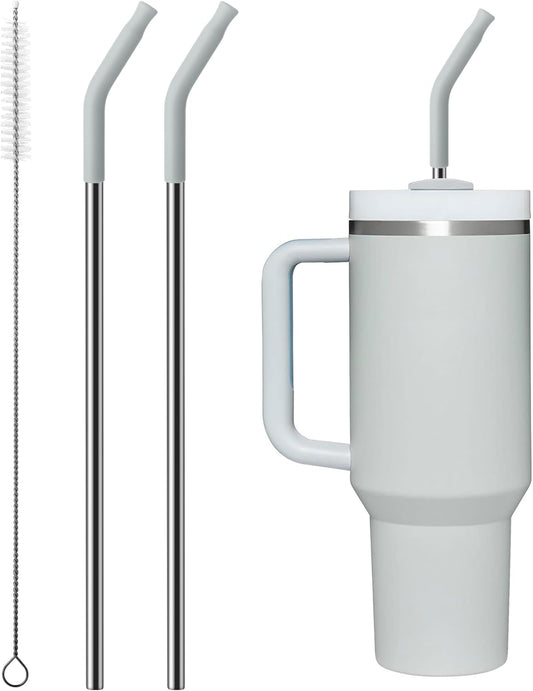 Metal Straw with Silicone Tip for 30oz Stanley Cup, 2 Pcs Stainless Steel Straws Replacement for Stanley 30 oz Adventure Quencher Travel Tumbler Cup, 1 Straw Brush (Light Gray)