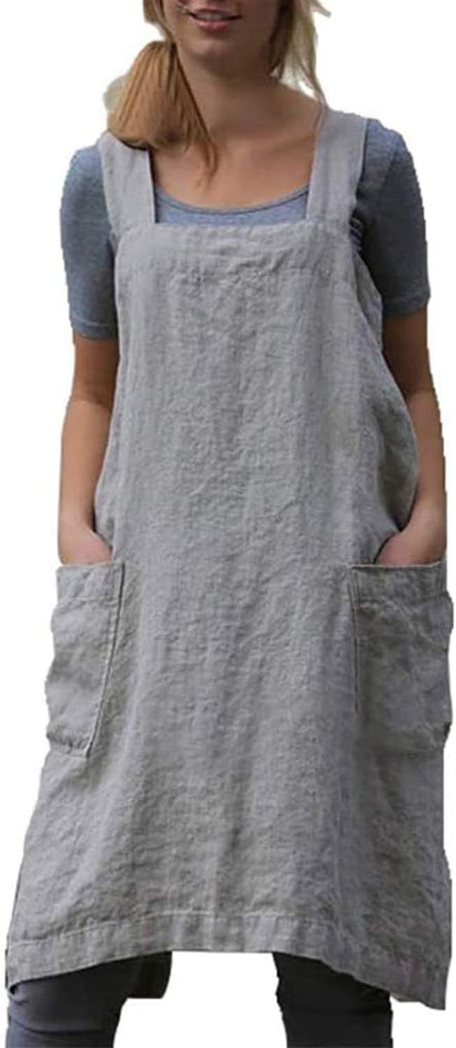 YESDOOD Cotton Linen Apron Cross Back Apron for Women with Pockets Pinafore Dress for Baking Cooking