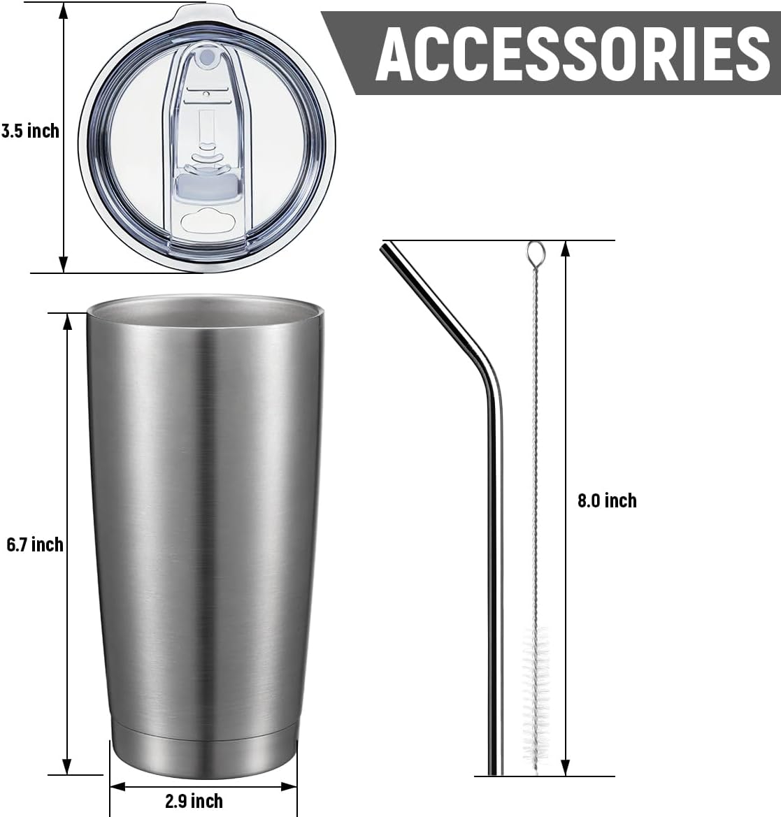 COMOOO 20oz Stainless Steel Tumbler Double Wall Vacuum Coffee Cup Insulated Travel Mug with Lid and Straw Durable Powder Coated Insulated Coffee Cup for Cold & Hot Drinks (Silver, 12 pack