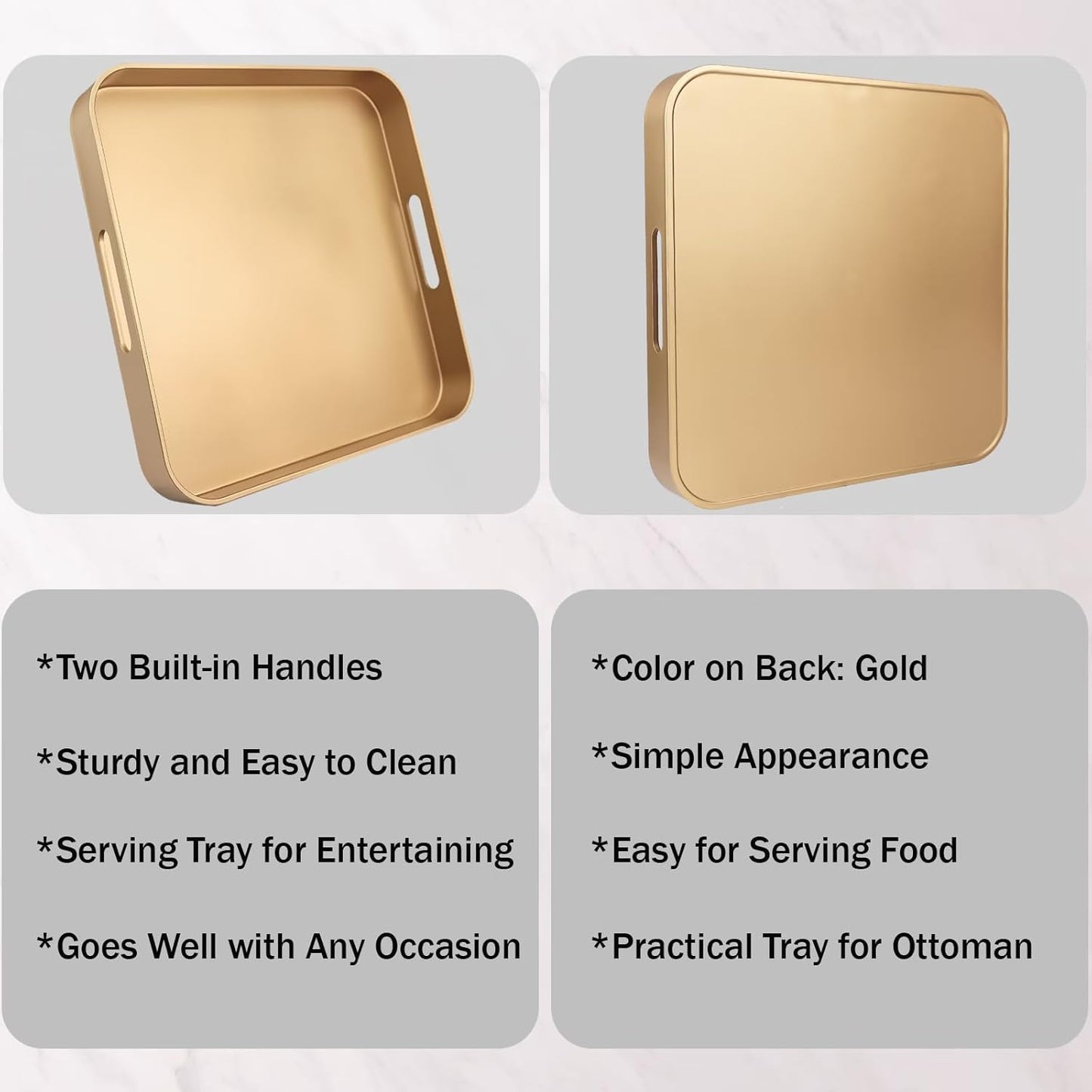 Square Gold Decorative Serving Tray with Handles, Versatile Ottoman Tray for Coffee Table, Entertaining, Outdoor Patio, Living Room, 13”*13”*1.6”