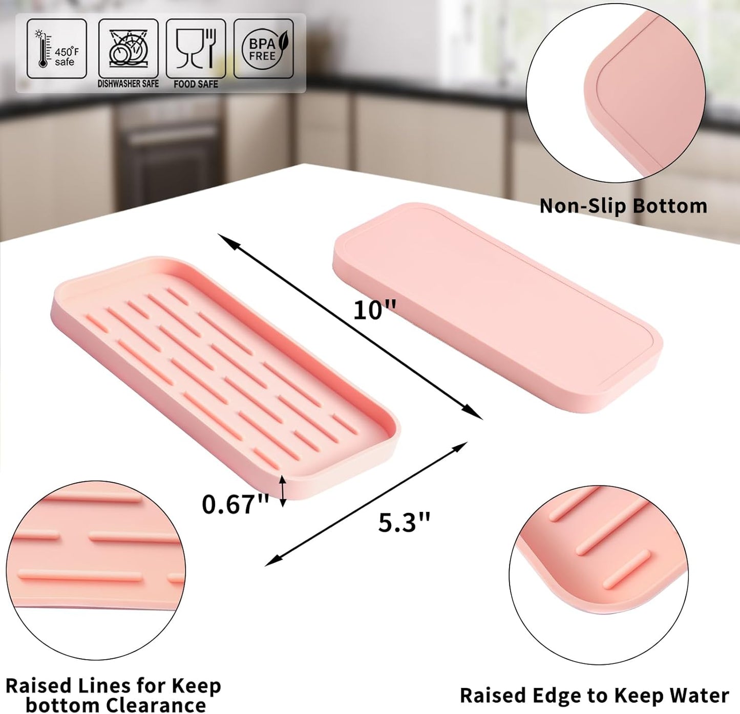 Silicone Kitchen Sink Organizer Tray for Multiple Usage,Easy Clean,Eco-Friendly Sponges Holder for Kitchen Bathroom Counter or Sink,Dish Soap Dispenser,Scrubber,Bottle,Cup Pink 10”x 5.3”