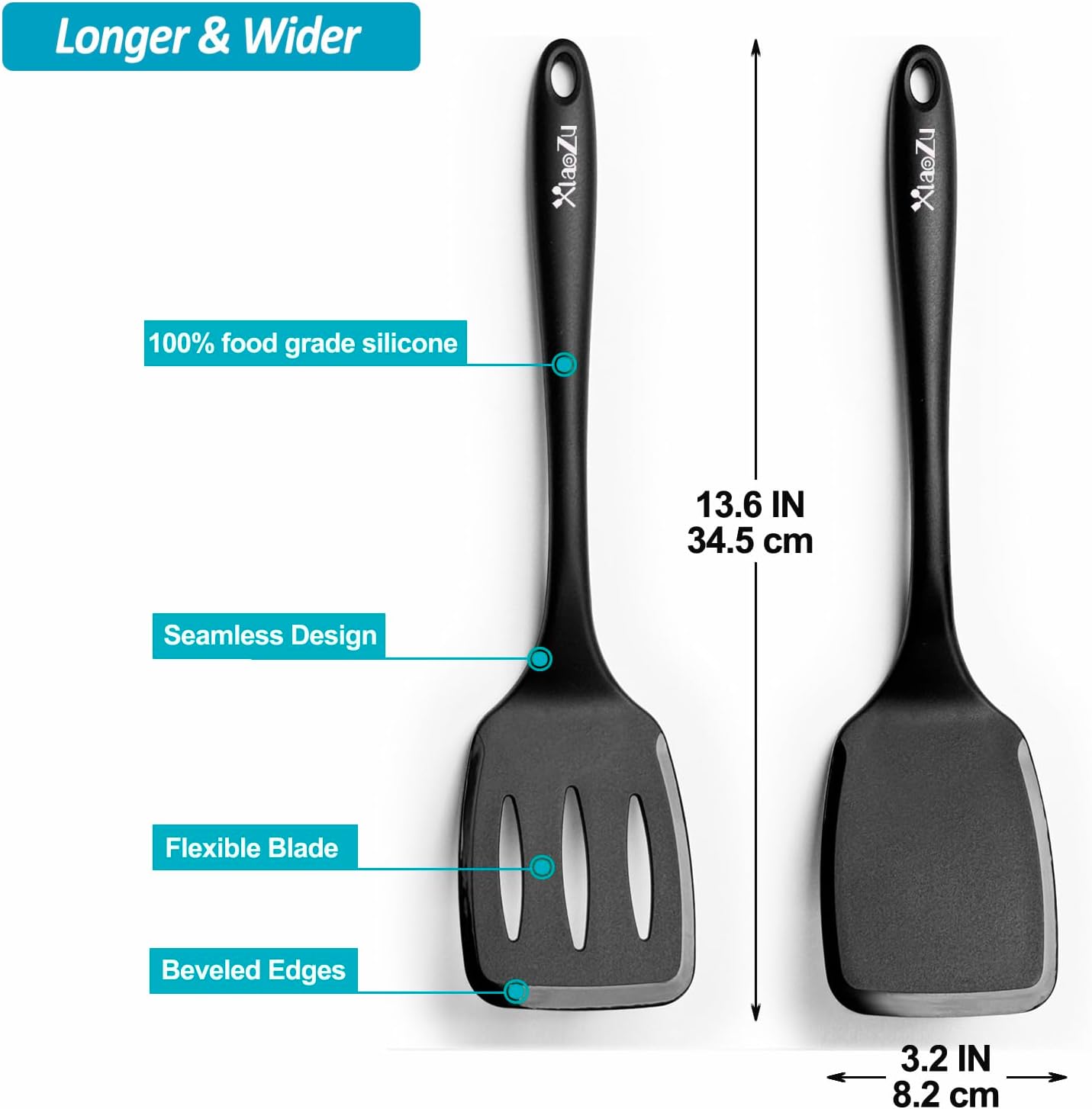 600˚F Heat Resistant Silicone Spatula Set, 13.6" Kitchen Spatula Turners for Non Stick Cookware, Flexible Spatulas with Thin Edges, Seamless Cooking Utensils for Fish, Eggs, Pancakes, BLACK