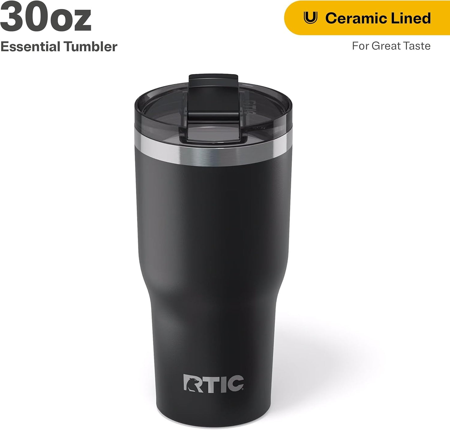 RTIC 30oz Essential Tumbler with Lid, Insulated, Stainless Steel, Metal, Double Wall Vacuum-Insulation, Ceramic Lined, Travel Cup for Iced Coffee, Tea, Hot and Cold Drink, Black