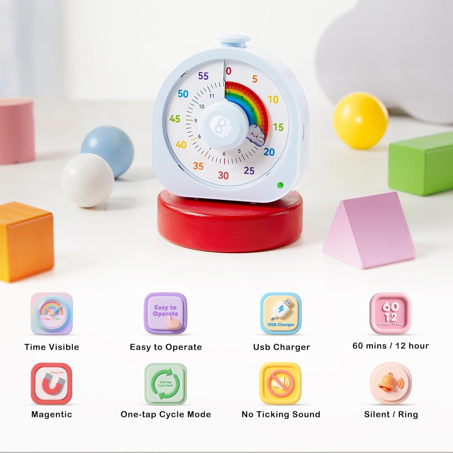 Visual Timer for Kids, Rechargeable Timer for Classroom Office Kitchen with 'Rainbow' Pattern Design, 60min/12h Silent Countdown Timers, Pomodoro Timers Management Tool for Toddler ADHD