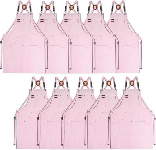 10 Pack Kitchen Aprons, Work Apron, Canvas, Multiple Pockets, Gardening, Painting, BBQ, Artist, Carpenter, Sizes M to XXL, Pink