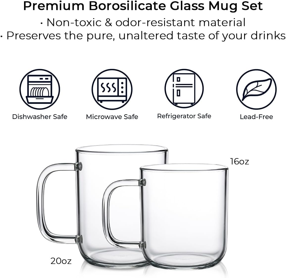 Aquach Glass Mugs 16 oz Set of 2, Large Clear Glass Cup with Handle for Hot/Cold Coffee Tea Beverage, Drinking Glasses