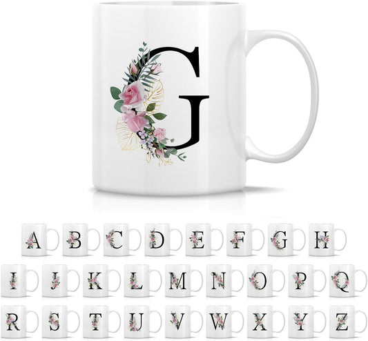 Retreez Initial A-Z Floral Botanical Bouquet Alphabet Monogrammed Monogram Mug 11 Oz Ceramic Tea Coffee Mugs - Appreciation Thank You Wedding Birthday Gifts for her friend coworker sister - G Initial