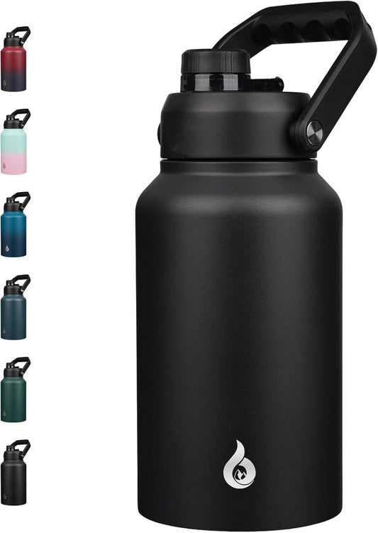 BJPKPK 87oz Insulated Water Bottle, Dishwasher Safe 2/3 Gallon Water Bottle with Ergonomic Handle, BPA Free Leak Proof Water Jug, Stainless Steel Metal Water Bottle with Anti-slip Bottom, Black