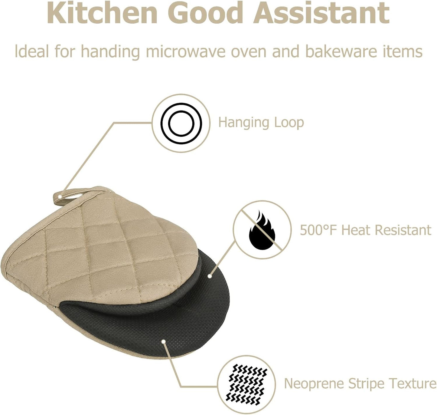 1 Pair Short Oven Mitts, Heat Resistant Silicone Kitchen Mini Oven Mitts for 500 Degrees, Non-Slip Grip Surfaces and Hanging Loop Gloves, Baking Grilling Barbecue Microwave Machine Washable