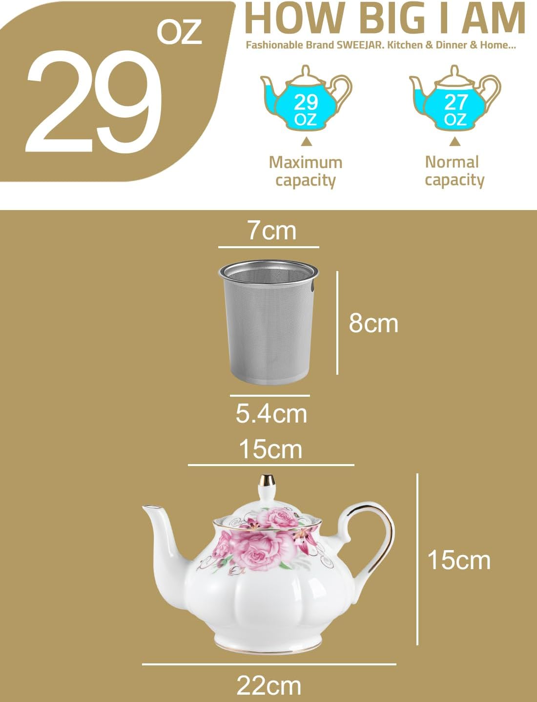 Sweejar Ceramic Teapot with Infuser, Floral Relief Gold Rimmed Teapot, 29 OZ Porcelain Tea Pot for Blooming and Loose Tea, Coffee...(Flower Style)