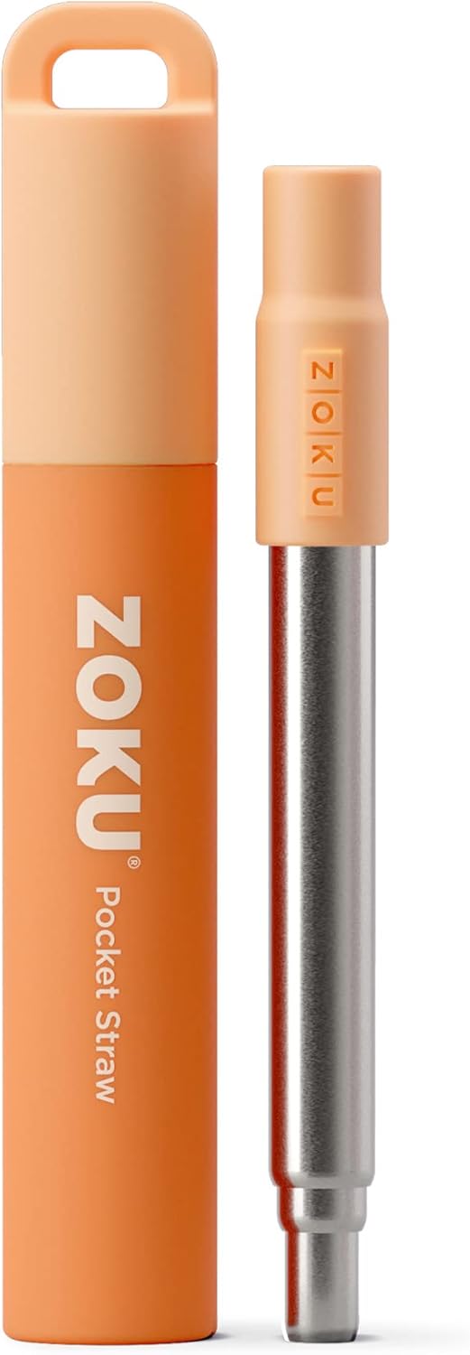ZOKU Reusable Metal Straw with Case for Travel, Orange - Collapsible Stainless Steel Drinking Straw with Silicone Tip and Cleaner Brush, Ideal for Key Chains, Pockets, Purses