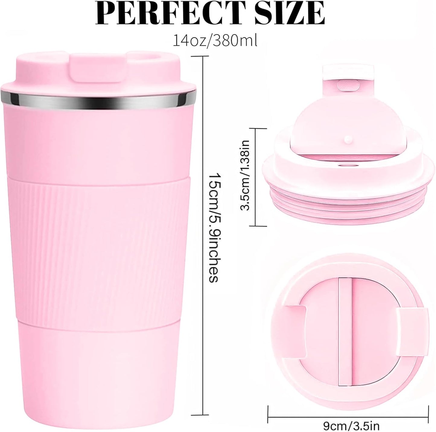 YINBAOGE Insulated Travel Coffee Mug Spill Proof Leak Proof Pobtable To Go Camping Stainless Steel Coffee Tumbler Reusable Coffee Cups with Lids Thermos for Hot and Cold Drink (Pink, 12 OZ)