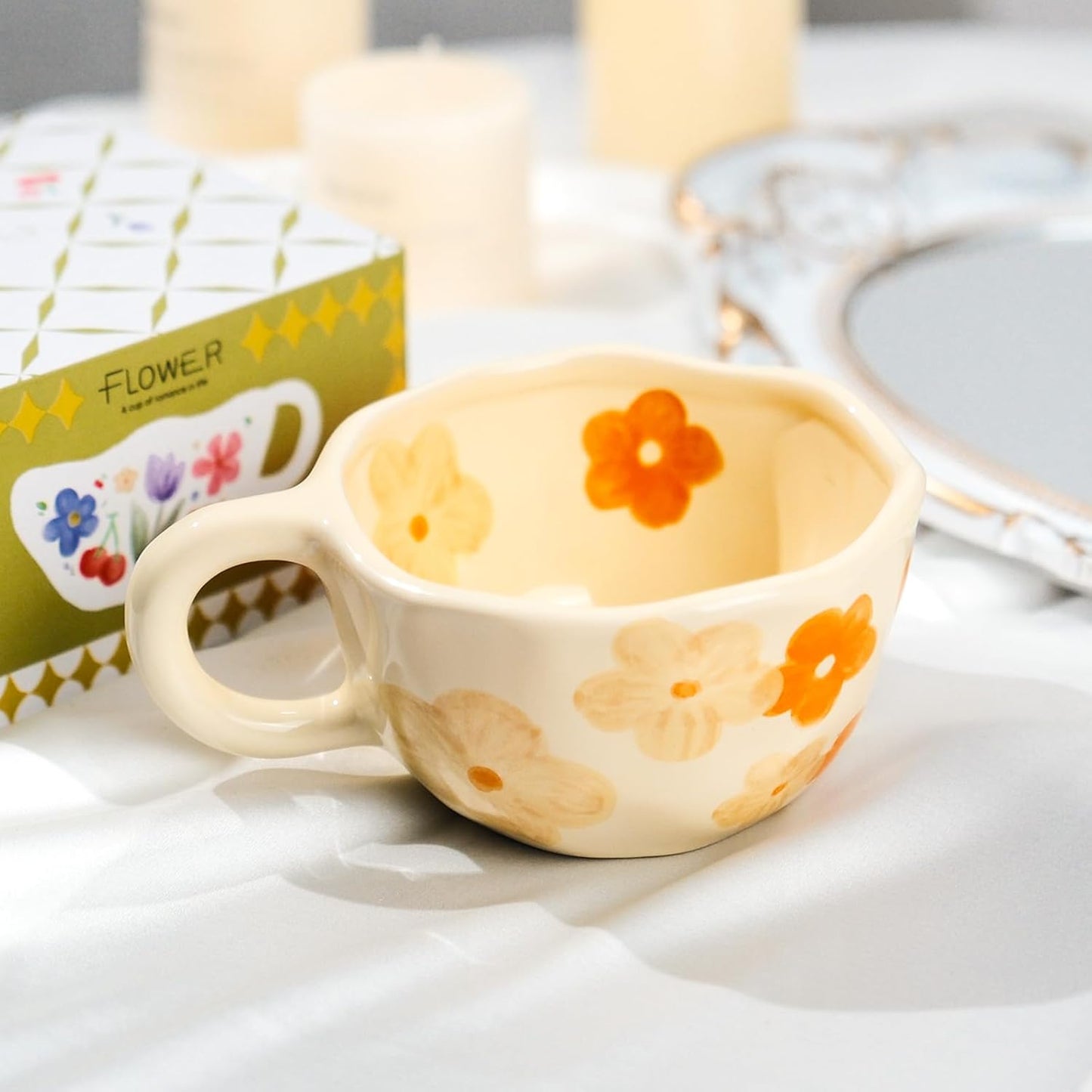 Ceramic Coffee Mug Vintage Flower Mugs 8 oz Cute Floral Coffee Mugs Irregular Latte Art Cup Lead-free Porcelain Cups for Cappuccino, Cocoa (Orange Flowers)