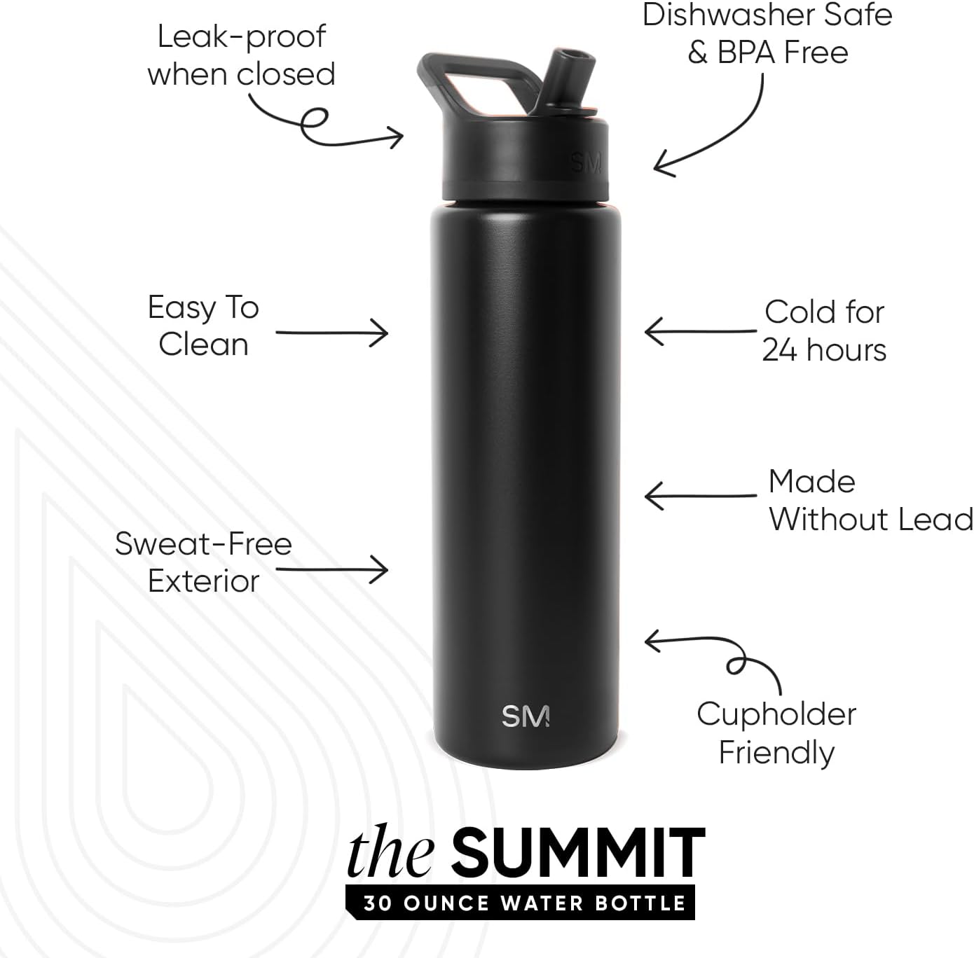 Simple Modern Water Bottle with Straw Lid | Vacuum Insulated Stainless Steel Metal Thermos | Reusable Leak Proof BPA-Free Flask for Sports Gym | Summit Collection | 30oz, Midnight Black