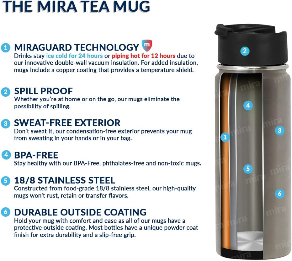 MIRA 18 oz Tea Infuser Thermos - Stainless Steel Travel Bottle with Removable Strainer for Loose Leaf Tea - Insulated Hot & Cold Brew Steeper - Punch Pink