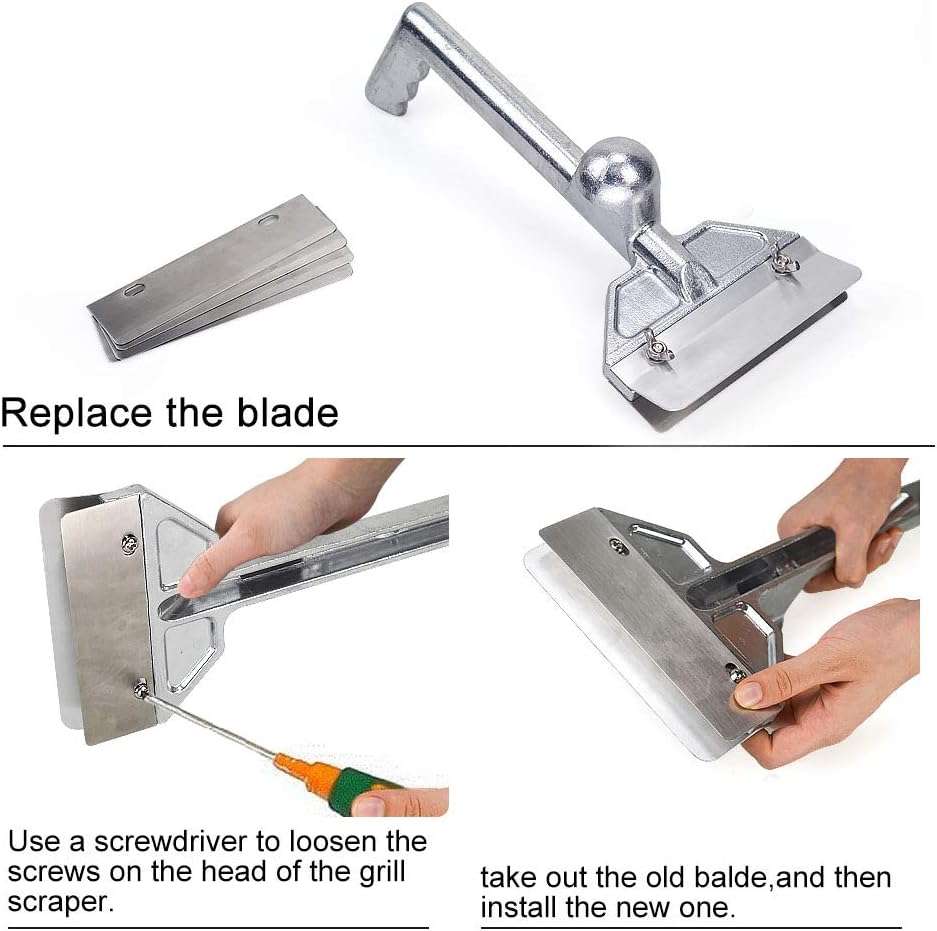 Grill Scrapers, Heavy Duty Casting Aluminum Commercial Griddle Scraper with 5 Blades and Small Slant Edge Grill Scraper