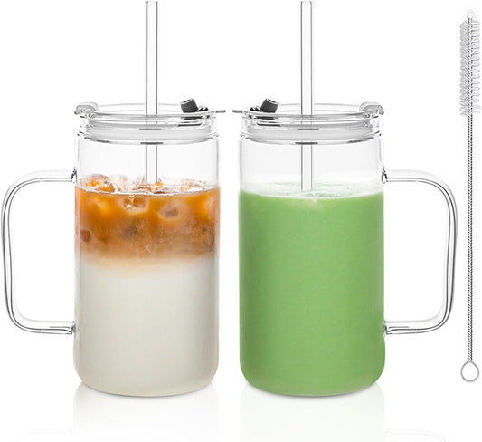 24oz Glass Tumbler with Lid and Straw - Leak Proof Travel Cup with Handle, Reusable Drinking Glass for Iced Coffee, Smoothies & Tea, Dishwasher Safe Spill-Proof Water Bottle for Home, Office, Gym