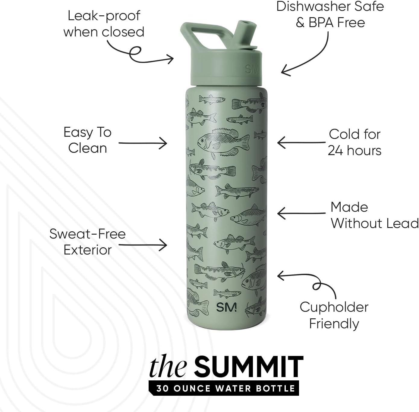 Simple Modern Father's Day Summit Water Bottle with Straw Lid | Vacuum Insulated Stainless Steel Metal Thermos | Reusable Leak Proof BPA-Free Flask for Sports Gym | 30oz, Fish On