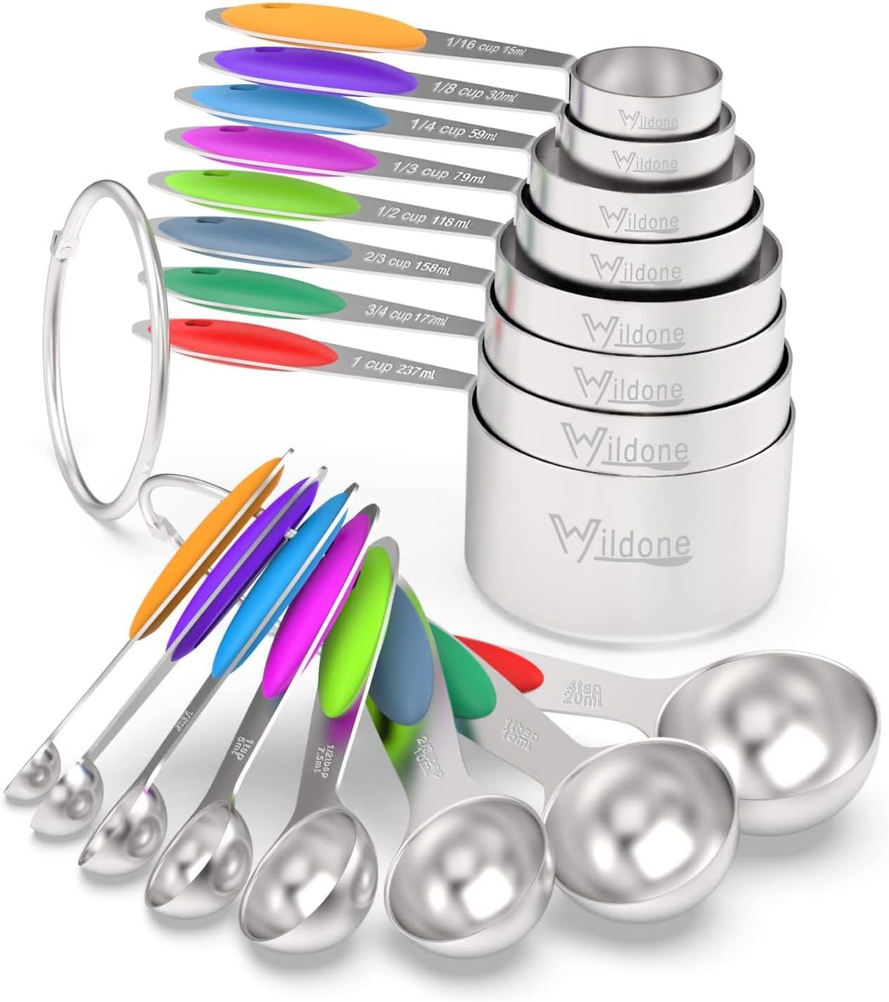 Measuring Cups & Spoons Set of 16, Wildone Premium Stainless Steel Measuring Cups and Measuring Spoons with Colored Silicone Handle, Including 8 Nesting Cups, 8 Spoons, for Dry and Liquid Ingredient