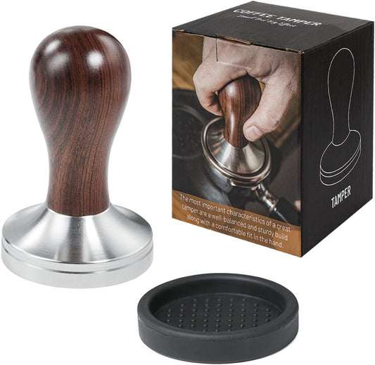 Coffee Tamper Espresso Press with Tamper Mat 304 Stainless Steel Flat Base Wooden Handle for Coffee Grounds Barista Espresso Machines Accessory (53MM)