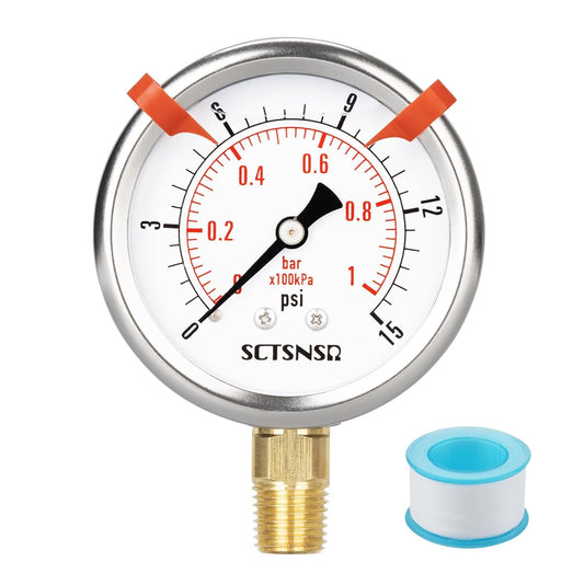 0 to 15 Psi Pressure Gauge, Glycerin Liquid Filled, 2.5 inch Dial, 1/4" NPT Lower Mount, Stainless Steel Case, for ATV Tire, HVAC Pipe, Well Tank, Fuel, Coolant, Nitrogen, Low Pressure Test