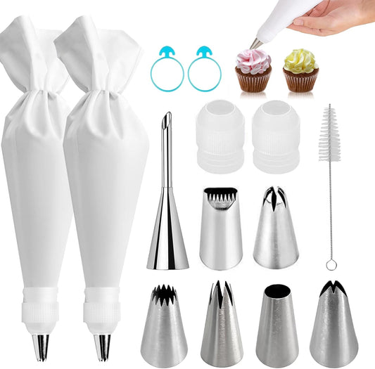 14-Piece Reusable Piping Bags and Tips Set- Cotton Baking Kit with Coupler, Stainless Steel Nozzles,Silicone Cable Ties& Cleaner for Cakes/Cupcakes/Cookies Decorating