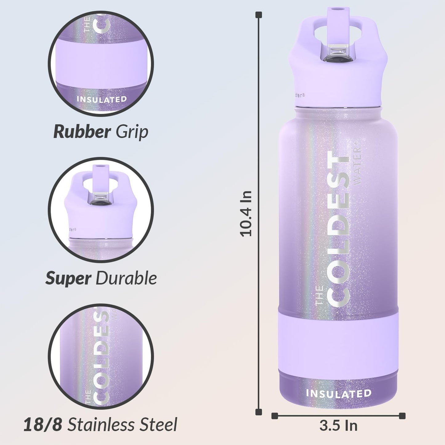 Coldest Insulated Water Bottle with Straw Lid - Stainless Steel Metal Insulated Bottle for Men & Women (Purple Ombré Glitter, 32 oz)