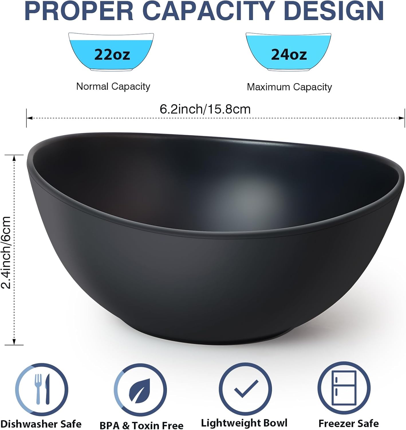 6.2'' Bamboo Fiber Cereal Bows Set of 6, Soup Bowls 24 Oz for Serving Salad, Snack, Side Dishes, Modern Oval Lightweight Bowls for Breakfast,Lunch and Dinner, Dishwasher and Freezer Safe(Matte black)