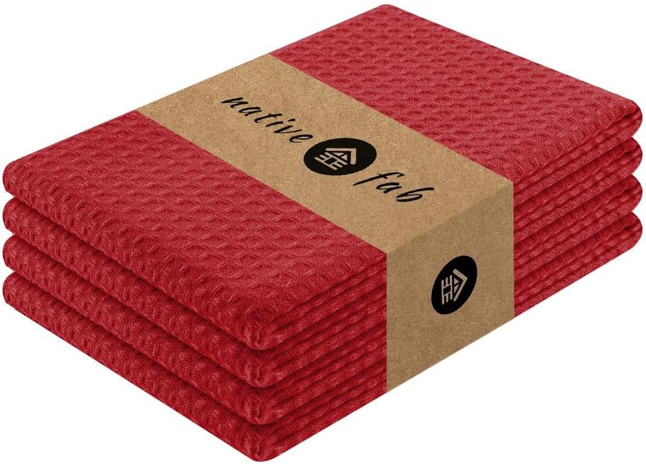 Native Fab Cotton Kitchen Towel with Hanging Loop 16x26 inches, 4-Pack, Waffle Weave Kitchen Towels for Cleaning Drying, Washcloths Soft & Absorbent Cloth Rags, Bar Towel, Dish Cloth, Red