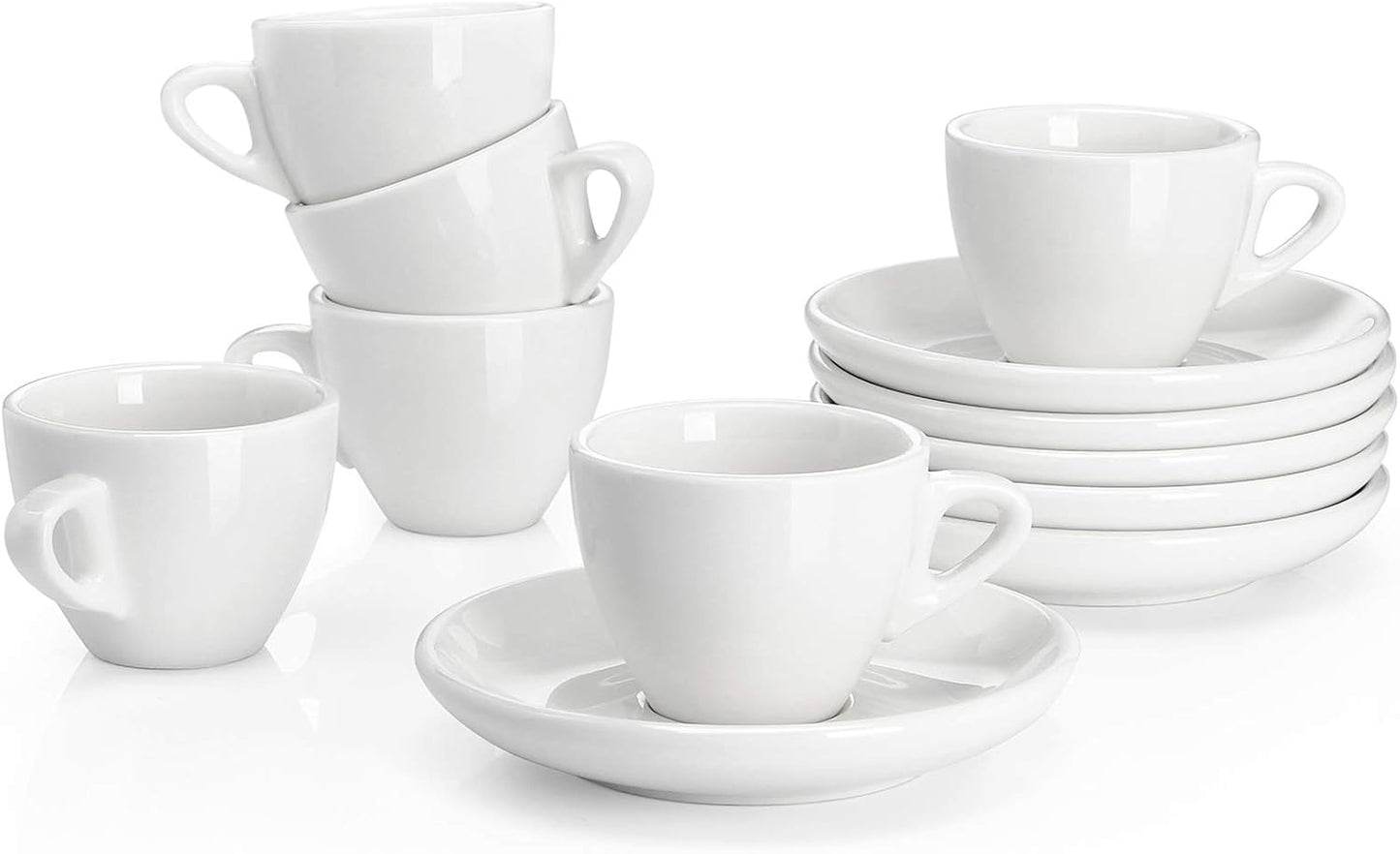 Sweese 2 Ounce Espresso Cups with Saucers, Porcelain Espresso Cups Set of 6 - White
