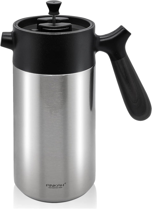 French Press Coffee Maker-32oz Insulated Coffee Press with Wood Grain Handle- Large Capacity, Tea, Espresso & Cold Brew, Stainless Steel