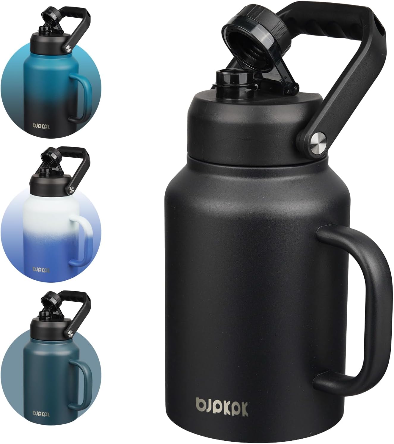 BJPKPK 64oz Insulated Water Bottle with Handle, Large Dishwasher Safe Half Gallon Water Bottle, BPA Free Water Jug, Wide Mouth Metal Water Bottle with Anti-slip Bottom, Keep Cold & Hot, Black