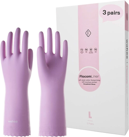 LANON 3 Pairs wahoo Skin-Friendly Cleaning Gloves, Dishwashing Kitchen Gloves with Cotton Flocked Liner, Reusable, Non-Slip, Mauve Mist, Large