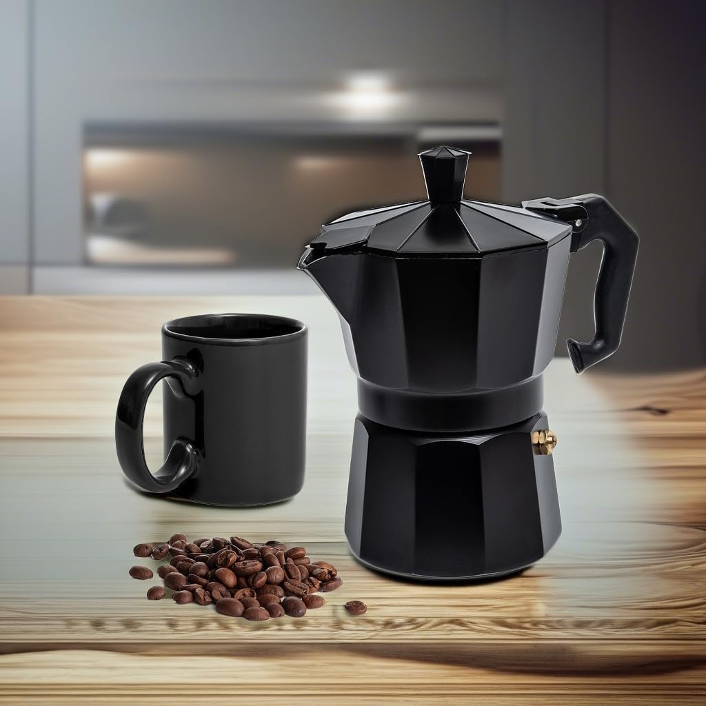 Mixpresso Black 3 Cup Moka Pot Cuban Coffee Maker, Moka Pot for Gas, Electric Stove Top, Classic Italian Coffee Maker, Stovetop Espresso Maker, Camping Pot Makes 3 Espresso Cup 5 Oz - Mug 4.4 Oz