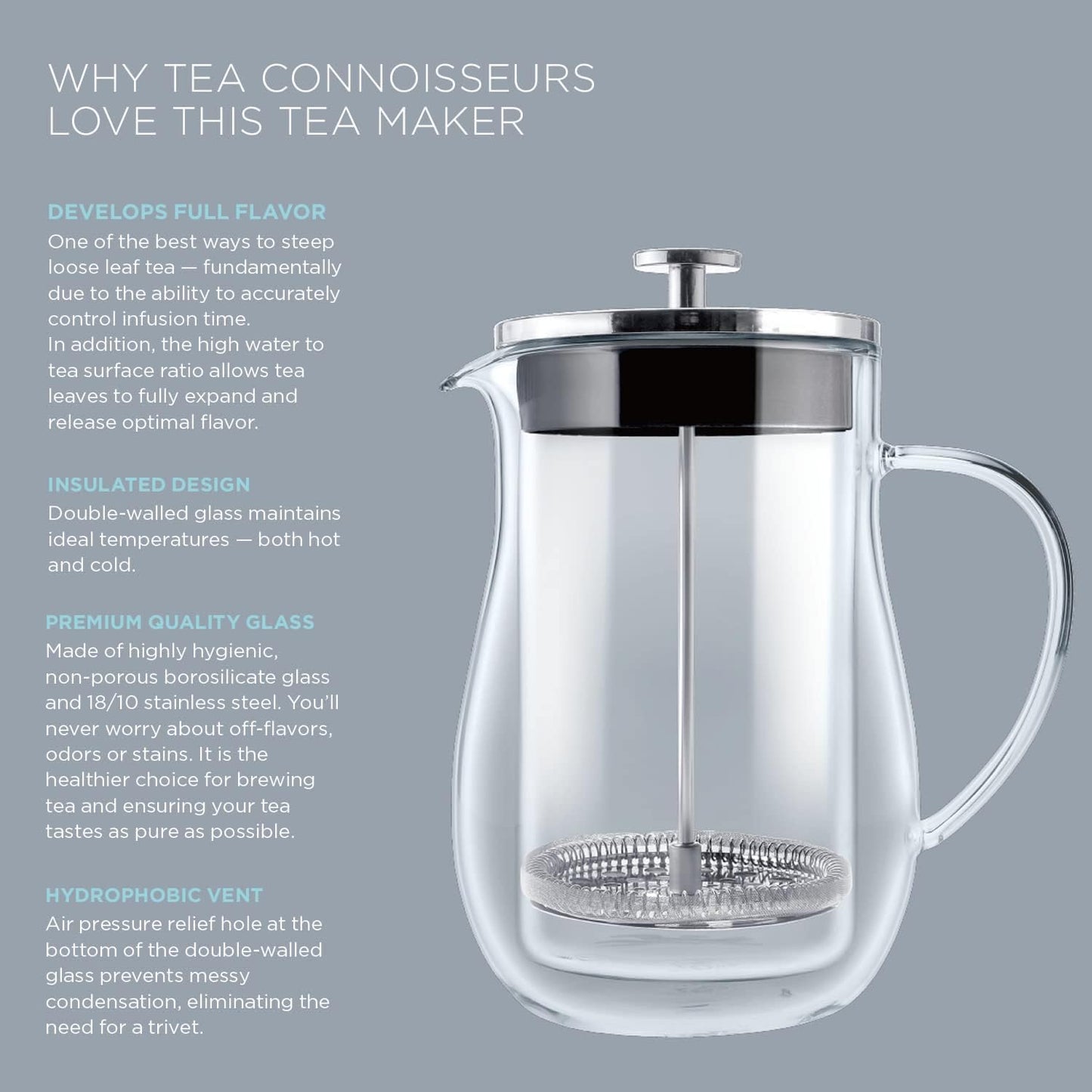 Teabloom Stay-Hot Glass French Press – Insulated 27-Ounce (800 mL) Loose Tea Steeper and Coffee Maker – Connoisseur's Choice