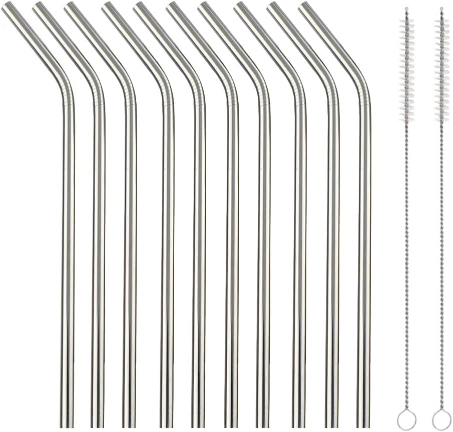 10 Pcs Stainless Steel Straws, Reusable Drinking Straws, Bent Metal Straw Sets with 2 Pcs Cleaning Brushes (Silver, 10.5 Inch)