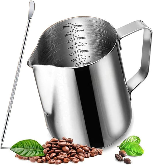 20 oz Milk Frothing Pitcher, 304 stainless steel 600ml milk can coffee frothing cup with art deco pen milk jug coffee cup used to make cappuccino latte