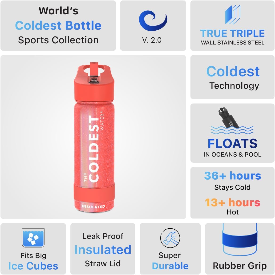 Coldest Insulated Water Bottle with Straw Lid - Stainless Steel Metal Insulated Bottle for Men & Women (Mars Red Glitter, 18 oz)