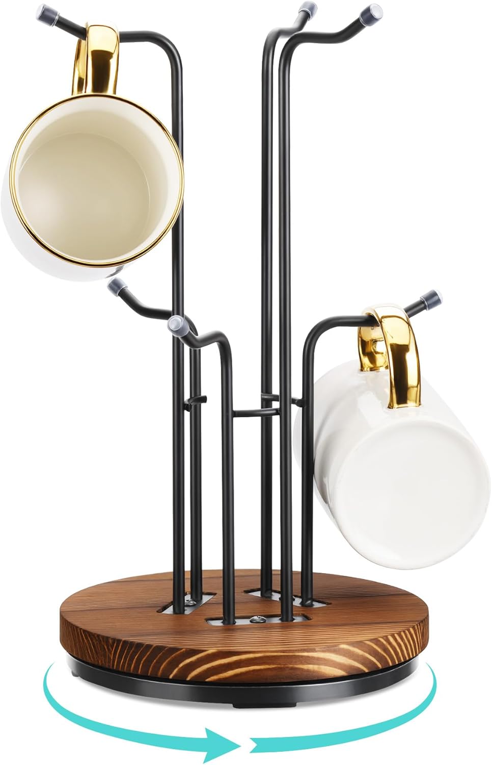 HULISEN 360° Rotating Mug Tree for Large Cups, Counter Coffee Mug Holder with 6 Hooks, Metal Coffee Cup Rack Stand for Countertop with Stable Wooden Base, Kitchen Counter Decor