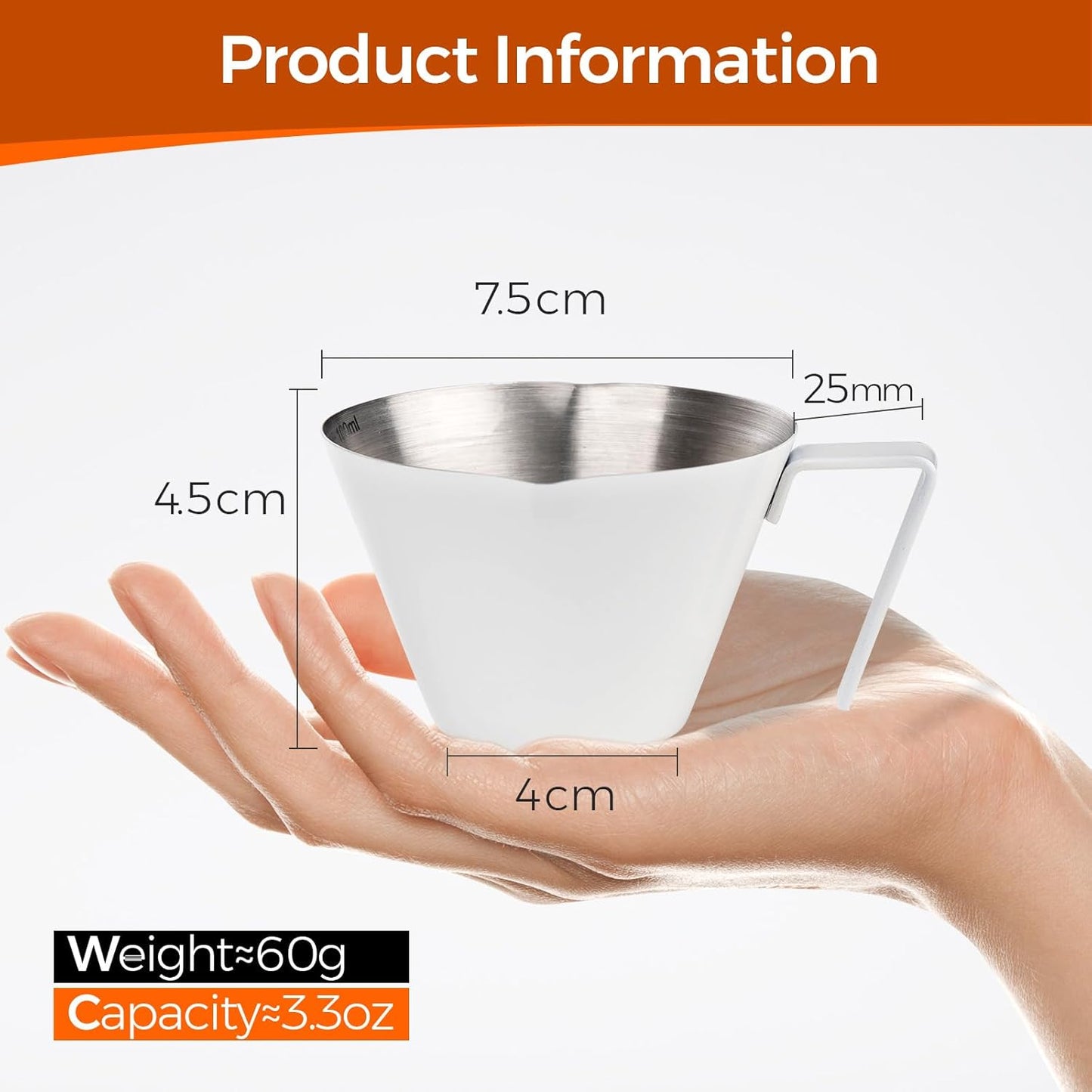 YARRAMATE 2Pcs Stainless Steel Espresso Shot Cup, Double Spout Metal Espresso Measuring Cup with V-Shaped Mouth, Espresso Accessories, 3.4OZ/100ML (White)