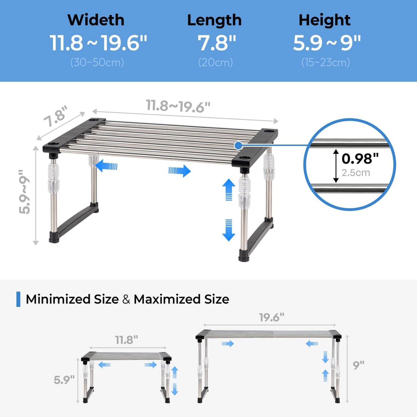 carrotez Expandable Cabinet Organizer, Set of 1 Width & Height-Adjustable Kitchen Cabinet Organizer Shelf, Stackable Kitchen Counter Shelf, 11.8~19.6 x 7.8 x 5.9~9" Black