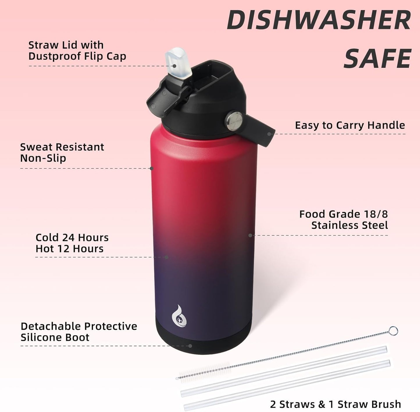 BJPKPK Water Bottle with Straw Lid, 32oz Vacuum Insulated Water Bottles, Metal Stainless Steel Thermos for Sports, Travel, BPA Free Leak Proof Thermos, Cups, Flasks, Tumblers,Charming Red