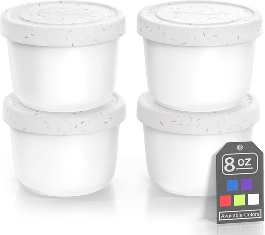 BALCI - 8oz Mini Ice Cream Containers with Silicone Lids (Set of 4) - Freezer Food Storage Containers, Reusable, LeakProof, For Homemade IceCream Containers - White with Sprinkles