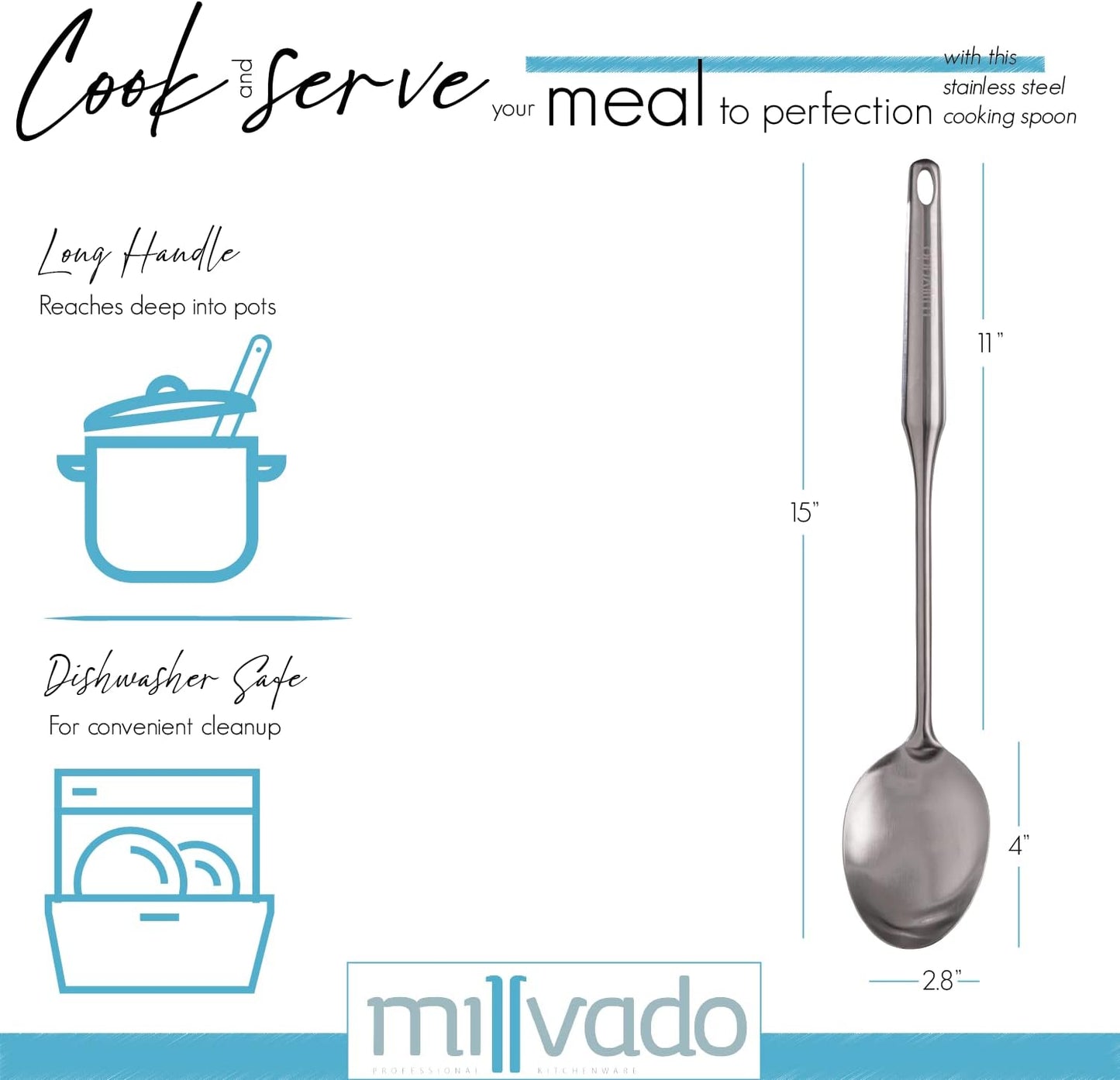 Stainless Steel Big Cooking Spoon, Kitchen Utensils and Gadgets, 15 Inch Large Spoon For for Cooking, Basting, Serving, Dishwasher Safe Metal Utensil, Durable, Solid Construction