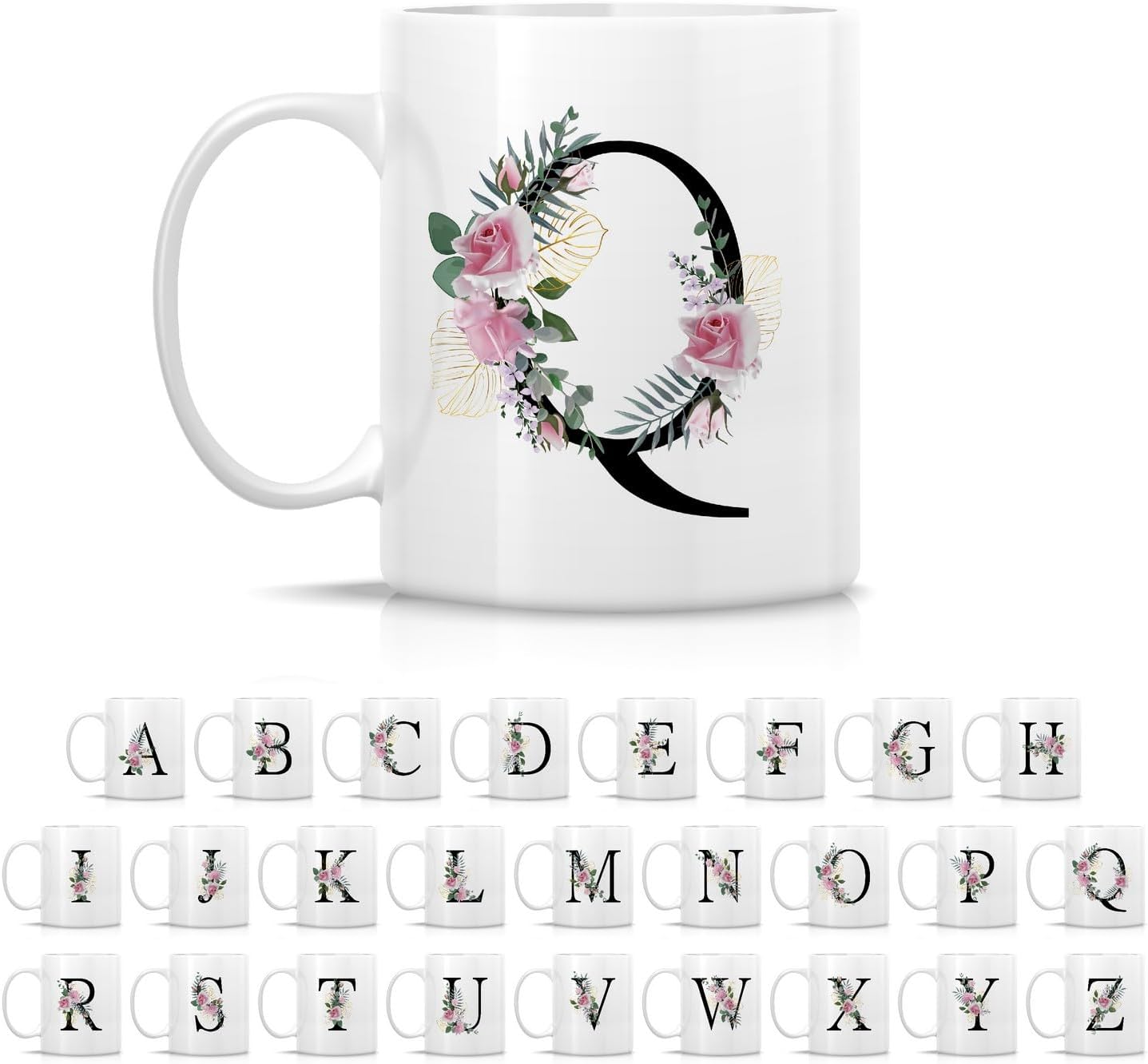 Retreez Initial A-Z Floral Botanical Bouquet Alphabet Monogrammed Monogram Mug 11 Oz Ceramic Tea Coffee Mugs - Appreciation Thank You Wedding Birthday Gifts for her friend coworker sister - Q Initial