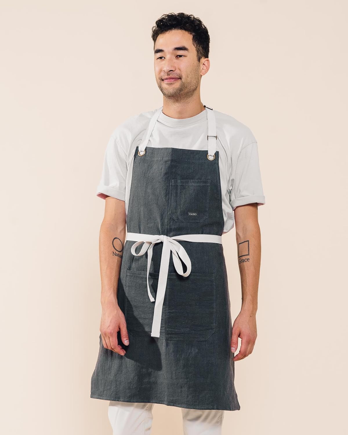 Caldo Linen Kitchen Apron for Cooking- Mens and Womens Linen Bib Apron for Professional Chef, Server, or Barista - Adjustable with Pockets (Slate)